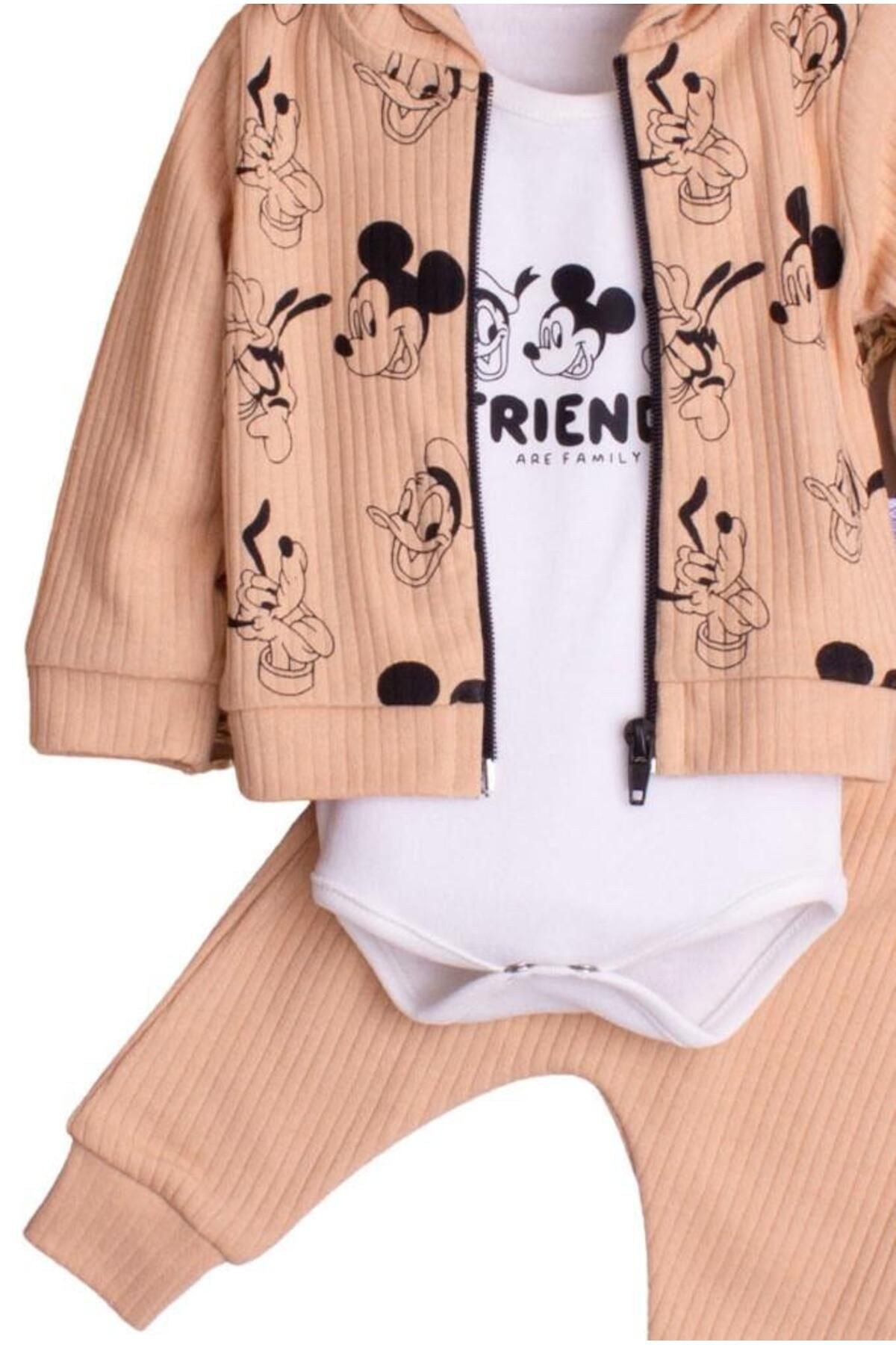 Kız Bebek Kapüşonlu Mickey Mause Pamuklu Zıbınlı Fitilli 3'lü Bebek Takımı